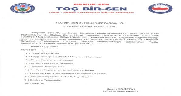 21 Nolu Muğla Şube Başkanlığı 3. Olağan Genel Kurul İlanı