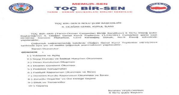 8 Nolu Elazığ Şube Başkanlığı 4. Olağan Genel Kurul İlanı