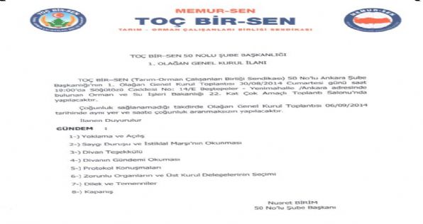 50 Nolu Şube Başkanlığı 1. Olağan Genel Kurul İlanı