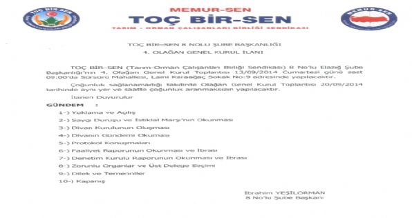 8 Nolu Elazığ Şube Başkanlığı 4. Olağan Genel Kurul İlanı