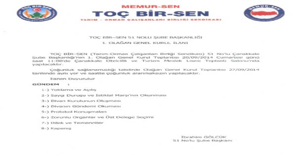 51 Nolu Çanakkale Şube Başkanlığı 1. Olağan Genel Kurul İlanı