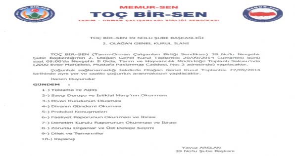 39 Nolu Nevşehir Şube Başkanlığı 2. Olağan Genel Kurul İlanı