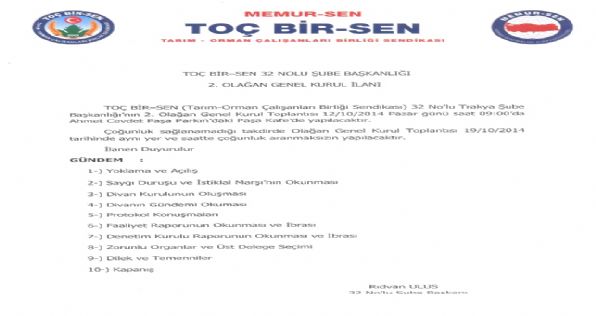 32 Nolu Trakya Şube Başkanlığı 2. Olağan Genel Kurul İlanı