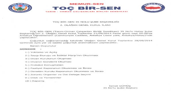 35 Nolu Hatay Şube Başkanlığı 2. Olağan Genel Kurul İlanı