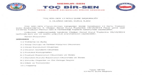 13 Nolu Trabzon Şube Başkanlığı 3. Olağan Genel Kurul İlanı