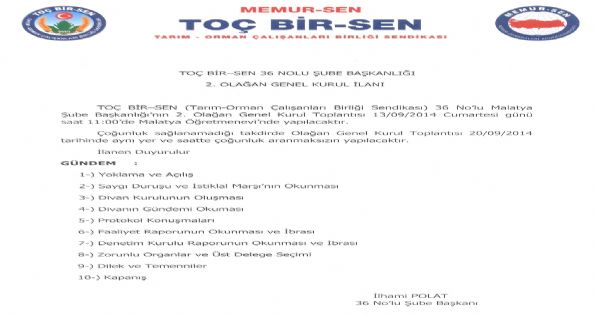 36 Nolu Malatya Şube Başkanlığı 2. Olağan Genel Kurul İlanı