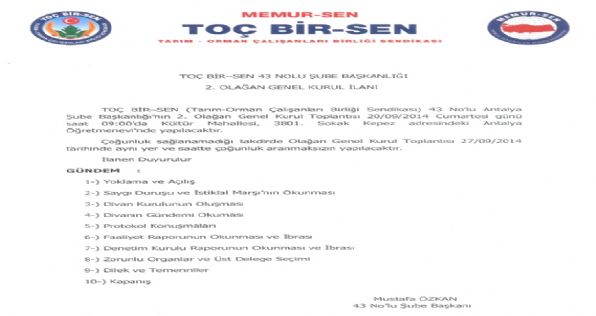 43 Nolu Antalya Şube Başkanlığı 2. Olağan Genel Kurul İlanı