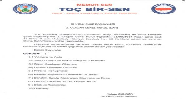 40 Nolu Kırıkkale Şube Başkanlığı 2. Olağan Genel Kurul İlanı